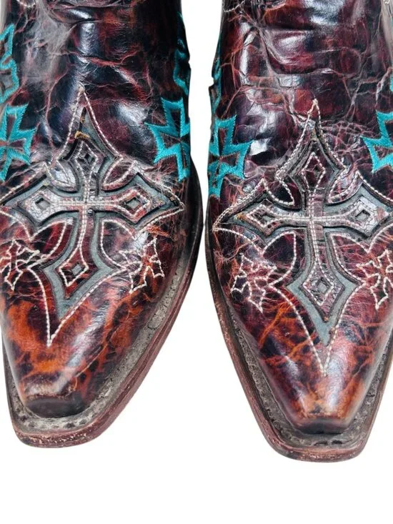 Corral Whiskey Turquoise Three Cross Snip Toe Boots 8.5M Women Brown Teal Wester - Picture 5 of 9